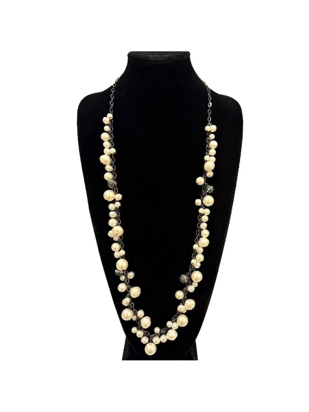 Chico's Gunmetal and Pearl Cluster Long Necklace New